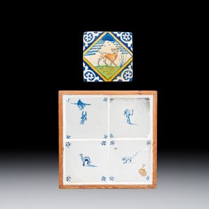 A polychrome Dutch Delft 'diamond' tile with a dog and four framed blue and white tiles — photo 1