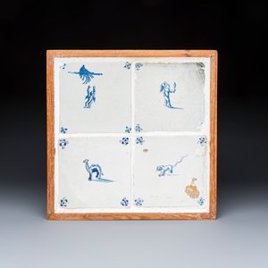 A polychrome Dutch Delft 'diamond' tile with a dog and four framed blue and white tiles — photo 4