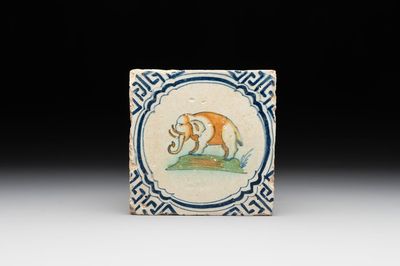 A polychrome Dutch Delft 'elephant' tile, 17th C.
