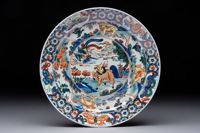 A polychrome Dutch Delft famille verte-style 'qilin and phoenix' dish, 18th C.