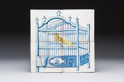 A polychrome Dutch Delft four-tile panel with a canary in a cage, 18th C.