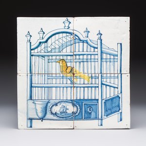 A polychrome Dutch Delft four-tile panel with a canary in a cage, 18th C. — photo 1
