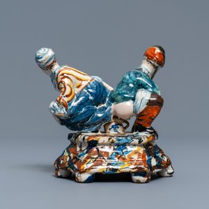 A polychrome Dutch Delft group of a man and a woman on a chamberpot, 18th C. — photo 4