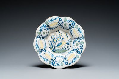 A polychrome Dutch Delft lobed 'bird' dish, late 17th C.