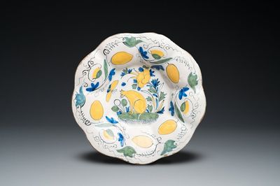 A polychrome Dutch Delft lobed 'cat' dish, late 17th C.