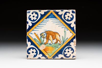 A polychrome Dutch Delft maiolica 'bear' diamond tile, late 16th C.