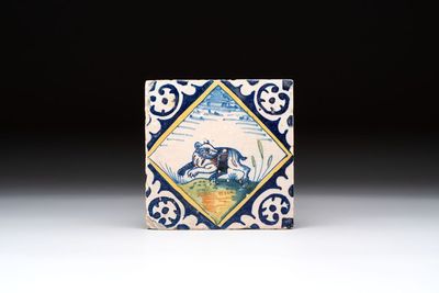 A polychrome Dutch Delft maiolica 'bear' tile, late 16th C.