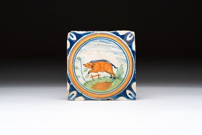 A polychrome Dutch Delft maiolica 'boar' tile, late 16th C.