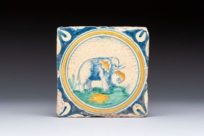 A polychrome Dutch Delft maiolica 'Elephant' medallion tile, 16th C.