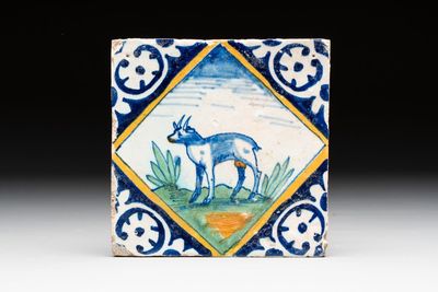 A polychrome Dutch Delft maiolica 'goat' diamond tile, late 16th C.
