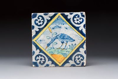A polychrome Dutch Delft maiolica 'Heron' diamond tile, 16th C.