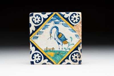 A polychrome Dutch Delft maiolica 'heron' diamond tile, late 16th C.