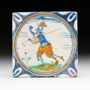 A polychrome Dutch Delft maiolica 'horn blower' medallion tile, late 16th C. — photo 1