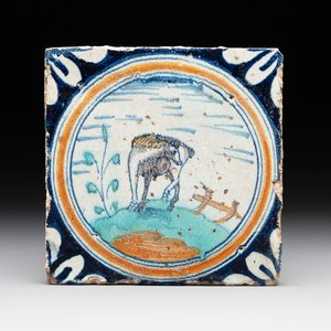 A polychrome Dutch Delft maiolica 'horse' medallion tile, late 16th C. — foto 1