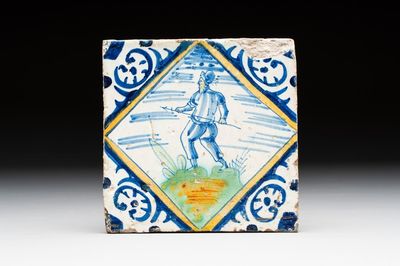 A polychrome Dutch Delft maiolica 'hunter with spear' diamond tile, ca. 1600