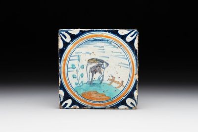 A polychrome Dutch Delft maiolica 'medallion' 'horse' tile, late 16th C.