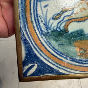 A polychrome Dutch Delft maiolica medallion tile with a leaping horse — photo 5