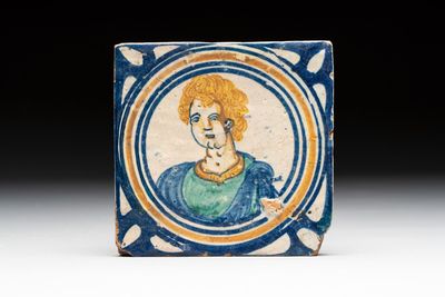 A polychrome Dutch Delft maiolica 'portrait' medallion tile, late 16th C.