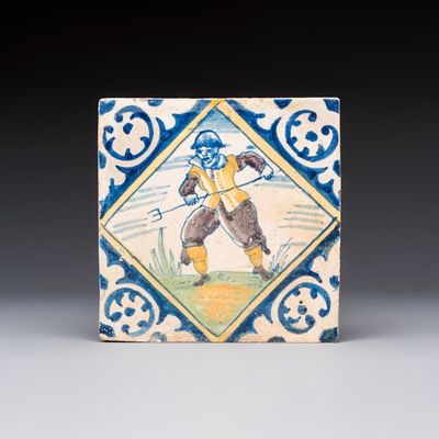 A polychrome Dutch Delft maiolica 'Soldier' diamond tile, 16th C.