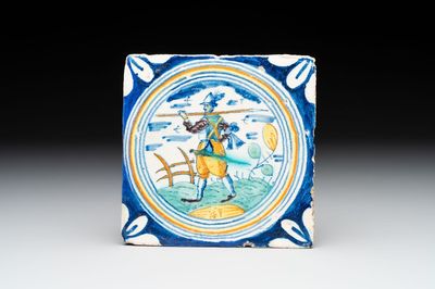A polychrome Dutch Delft maiolica 'soldier' ​​medallion tile, late 16th C.