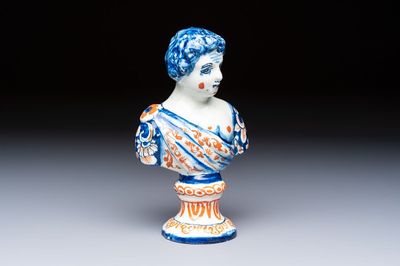 A polychrome Dutch Delft male bust of a Roman emperor or general, early 18th C.