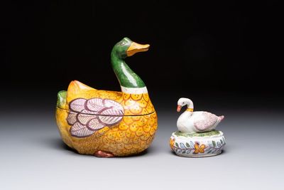 A polychrome Dutch Delft model of a duck and a swan, 19th C.