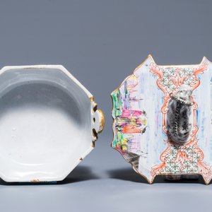A polychrome Dutch Delft petit feu and doré butter tub with a reclining cow, 19th C. — 照片 6