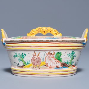 A polychrome Dutch Delft petit feu butter tub and cover with cows and goats, 18th C. — photo 3
