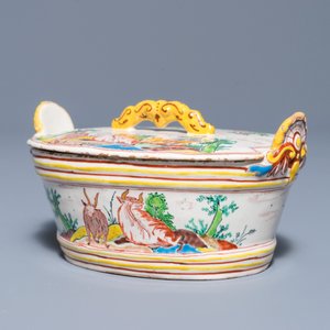 A polychrome Dutch Delft petit feu butter tub and cover with cows and goats, 18th C. — photo 7