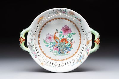 A polychrome Dutch Delft petit feu reticulated basket after a Chinese famille rose example, 18th C.