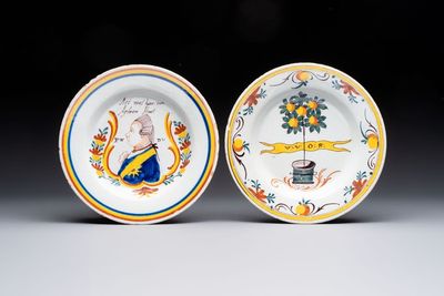 A polychrome Dutch Delft 'royal portrait' plate and an 'orangist' plate, 18th C.
