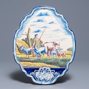 A polychrome Dutch Delft 'shepherdess' plaque, 19th C. — 照片 1