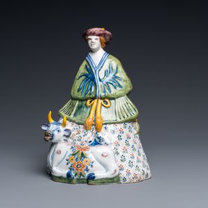 A polychrome Dutch Delft table bell in the shape of a lady on a cow, 18th C. — 照片 3