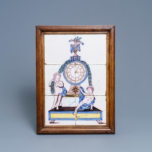 A polychrome Dutch Delft tile mural with a clock, late 18th C. — photo 1