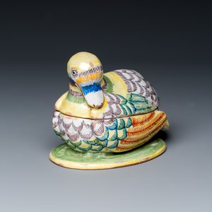A polychrome Dutch Delft tureen and cover in the shape of a duck — photo 1