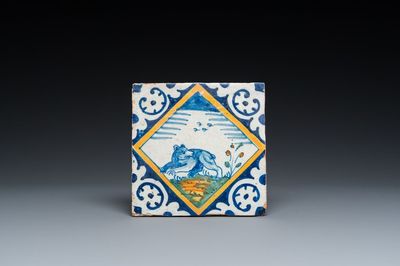 A polychrome Dutch maiolica tile with a bear, ca. 1600