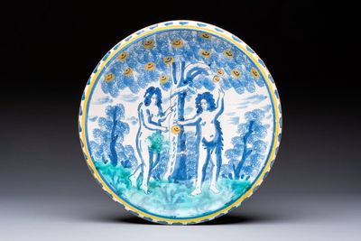 A polychrome English Delftware 'Adam and Eve in the Garden of Eden' dish, 17th C.