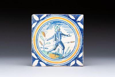 A polychrome English Southwark maiolica 'Hunter with Spear' tile, 17th C.