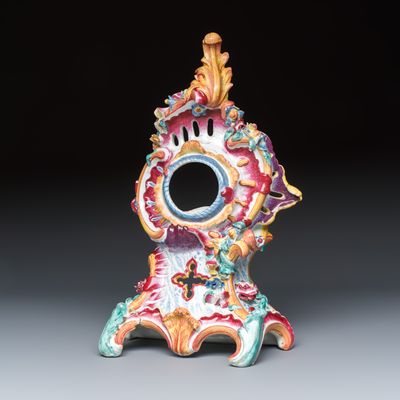 A polychrome faience rococo watch stand, France or Germany, 18th C.