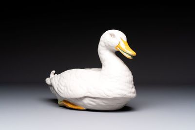 A polychrome French faience duck tureen and cover, Marseille, 18th C.