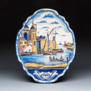 A polychrome Frisian Dutch Delft plaque with a harbour scene — photo 1