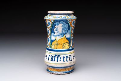 A polychrome Italian maiolica albarello of 'Orsini-Colonna' type with a male bust, Castelli, 2nd quarter 16th C.