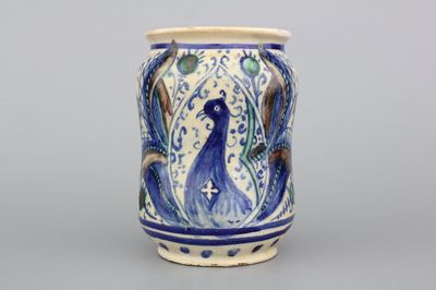 A polychrome Italian maiolica albarello with a peacock, 17th C.