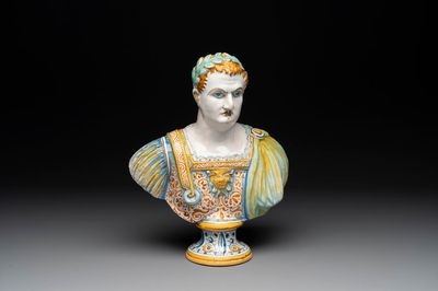 A polychrome Italian maiolica bust of Caesar, Deruta, 17th C.