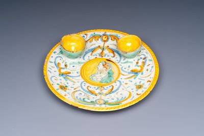 A polychrome Italian maiolica double salt plate, Deruta, 17th C.