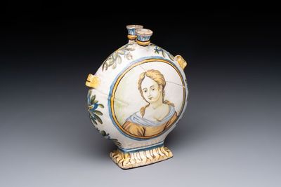 A polychrome Italian maiolica pilgrim bottle with two portrait busts, Castelli, 18th C.