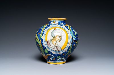 A polychrome Italian maiolica 'vaso a palla' depicting a man with a turban, workshop of Maestro Domenico, Venice, mid 16th C.