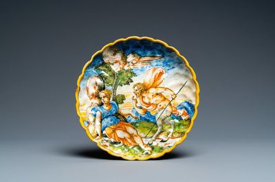 A polychrome Italian maiolica 'Venus and Satyre' crespina, Urbino, 16th C.