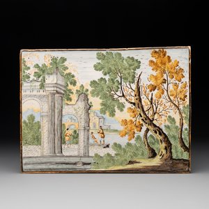 A polychrome Italian plaque with ruins in a landscape, Castelli, early 18th C. — photo 1