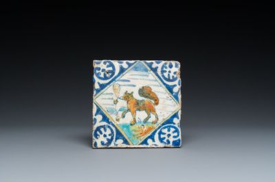 A polychrome maiolica tile with a fox, Antwerp or Middelburg, late 16th C.